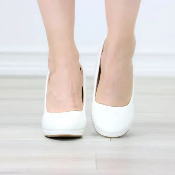Classic Patent White High Heel Slip On Round Toe Pumps - Picture 9 of 12